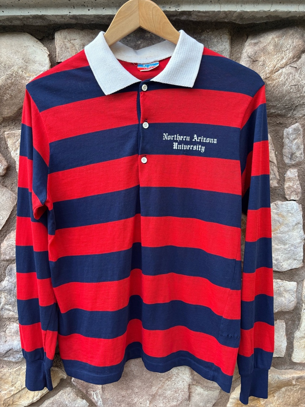 Vtg 70s Champion Locker Room Northern Arizona University Rugby Shirt Red Blue L